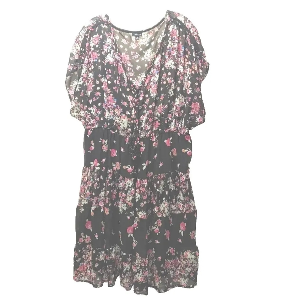 Torrid Chiffon Tiered Mini Dress Black Floral Lined Cottage Boho Woman Plus 3X